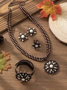 4 Stücke/Set Retro Europäischer & Amerikanischer Stil Boho Sonnenblumen Design Zinklegierung Vintage Kupfer Türkis Perlen Halskette, Ohrringe, Ring, Armband Set, geeignet für Kleidungskombination, Alltagstragen, Partys, Feiertage