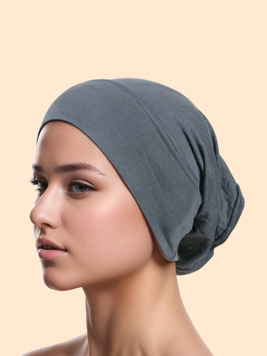 1pc Women Plain Silky Knit Beanie Hat, Suitable For Everyday Wear Hair Sleep Cap - Dark Grey - View 1