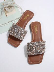 Sandalias de mujer talla grande con estilo francés de lujo, con gran decoración de piedras de imitación marrones y perlas, zapatillas casuales informales exteriores con deslizamiento sólido y brillante en color terroso - Marrón - Ver 6