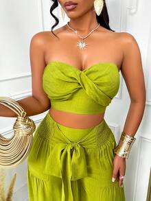 AIJ Amarilo 女士夏季假日休闲度假扭纹抹胸和褶皱阔腿裤两件套，非常适合海滩度假、旅行和度假