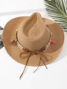 1pc Unisex Belt Decor Sun Hat Cowgirl Hat Wide Brim Handmade Cowboy Panama Hat Perfect For Outdoor Beach Hat Straw Hat - Khaki - View 2