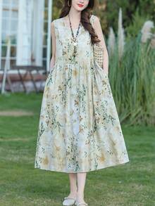 女士休闲印花优雅中长夏季连衣裙 - 淡綠 - 查看 3