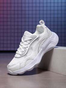 Women's White Fashion Minimalist Sports Shoes, Thick Sole Lightweight & Comfortable Outdoor Casual Lace-Up Low-Top Breathable Running Shoes