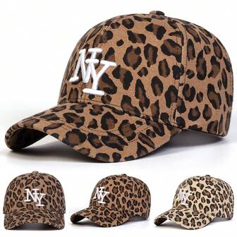 1pc Women's NY Leopard Letter Embroidered Baseball Cap, Casual Street Fashion Hat For Spring, Autumn Season, Traveling, Vacation, Beach
