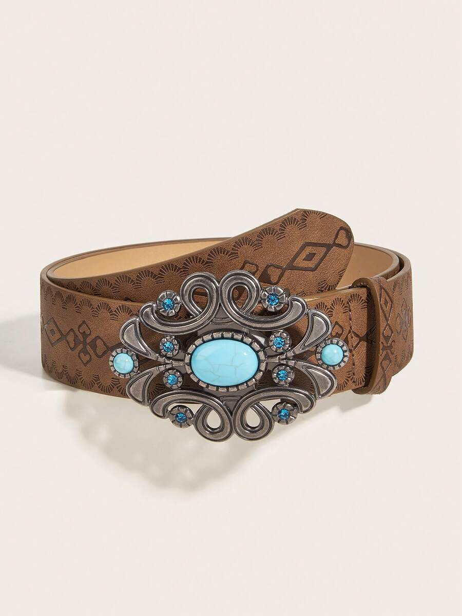 1pc Retro American Fashion Personalized Turquoise Women's Belt, Suitable For Music Festival, Jeans - Brown - View 1