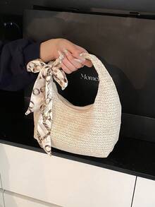 丝巾装饰草编托特包，时尚编织新月形单肩包，纯色休闲大号单肩托特包，百搭通勤包，法棍包 - 米色 - 查看 4