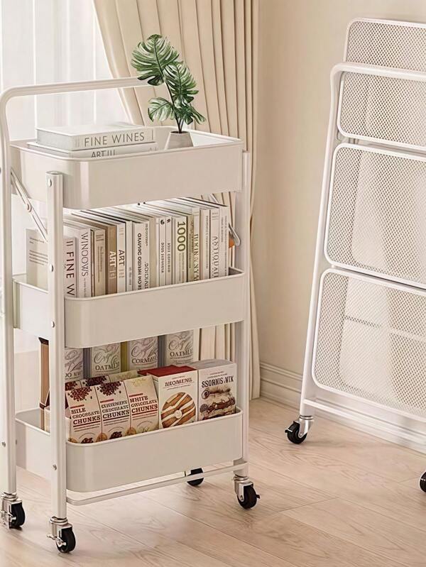 Kitchen Cart, Foldable, Cart With Casters, 3-Tier, Kitchen Rack, Steel Rack, Cart With Casters, Space-Saving Storage, 29.5cm, Slim, With Handle, Carbon Steel, Sturdy, 60kg Load Capacity, Small Items, Bathroom, Kitchen Storage, Next To Refrigerator, Easy Assembly