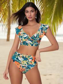 Women's 2 Piece Swimsuit Fashion Wrap Tie Back Ruffle Bikini Set Summer Bathing Suits - Yellow - View 3