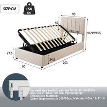 Upholstered Single Bed 90 X 200 Cm, Youth Bed, Bed With Storage Space, Wooden Slatted Base, Headboard With Storage Compartment, Beige Linen Fabric (2 Packs) - Màu be - Xem 10