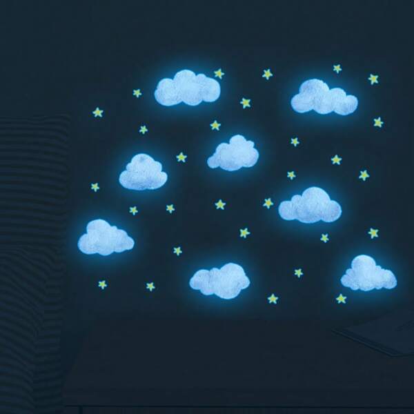 1 pièce Autocollant décoratif étoile et nuage bleu, rose et vert fluorescent dans le noir. Décoration murale et de plafond de chambre à coucher DIY, en matériau PVC auto-adhésif