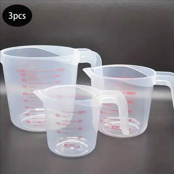 1/3pcs Kitchen Baking Measuring Cup - With Nozzle, Stackable Transparent Beaker With Red Measurement, Food Supply Equipment, Non Electrified, Used For Cooking And Baking Tasks, For Kitchen Baking And Liquid Measurement -250ml, 500ml, 1000ml Capacity, Perfect For Home Use