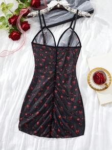 Women's V-Neck Bowknot Cherry Love Digital Printing,Tight Fitting Camisole Skirt,Spaghetti Strap,Sheer And Backless,Summer,Babydolls,Nightgown,Mesh Cami Mini Dress,Sexy Lingerie,Sexy Lingerie Dress
