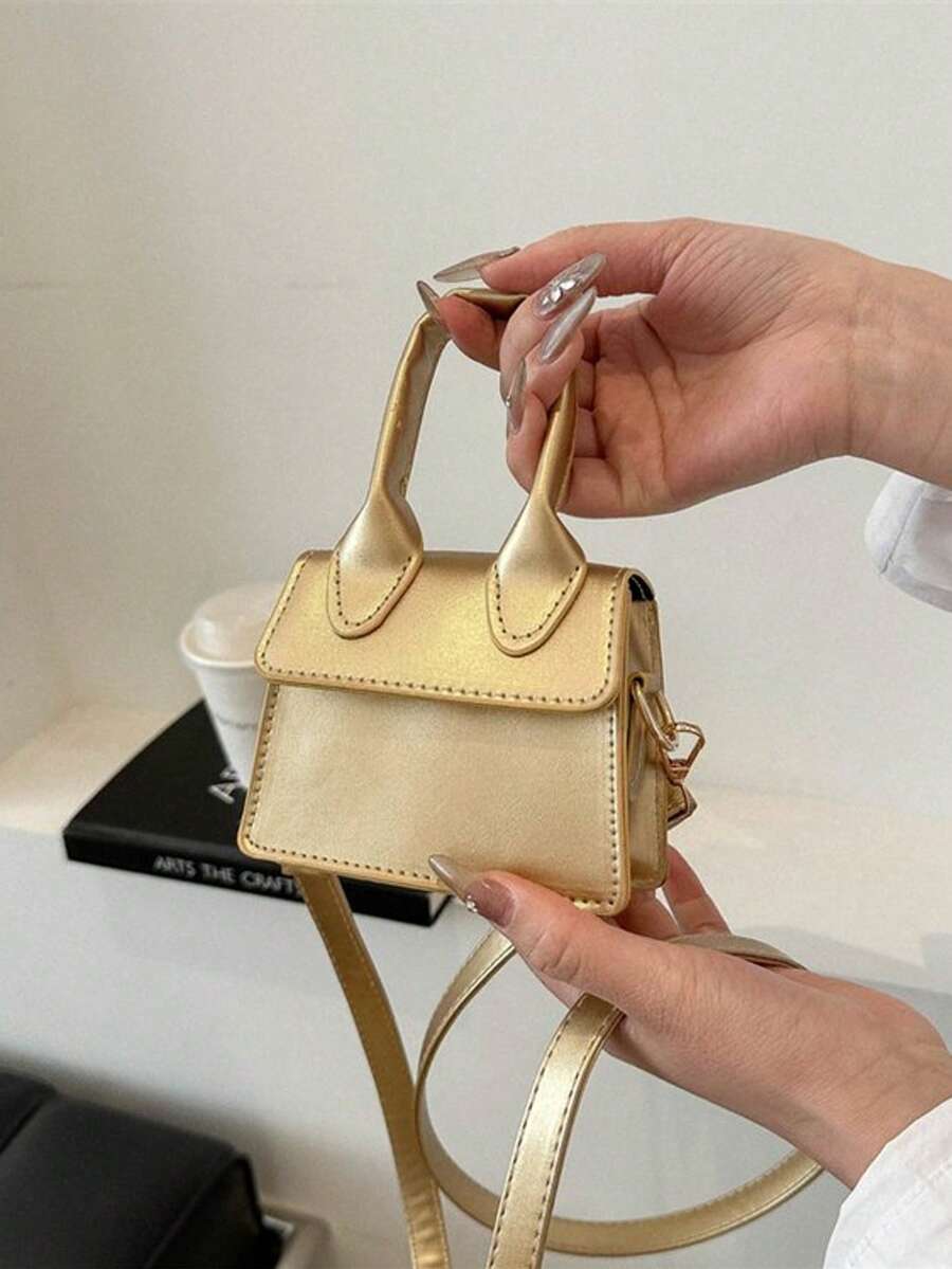 Mini Fashionable Square Bag, Solid Color Adjustable Strap, Crossbody/Handbag, Suitable For Teenage Girls, College Students, Young Professionals, Great For Office, University, Work, Business, Commuting, Outdoor, Travel And Leisure - Gold - View 1