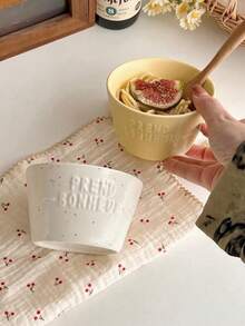 1pc Beige Splatter Letter Design Ceramic Small Bowl, Lovely Tableware Bowl For Desserts, Fruits, Oatmeal, Breakfast, Suitable For Home, Restaurant, Cafe - Beige - View 8