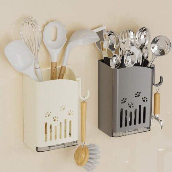 Kitchen Chopsticks Holder, No-Drill Wall-Mounted Utensil Storage Rack, Home Water-Draining Knife And Fork Storage Box, Chopsticks Holder Cooking Tool Storage Cylinder., Kitchen Storage Utensils, Room Decoration, Suitable For Kitchen, Restaurant, Party, Camping, Outdoor, Gathering, Gift For Friends, Family Gift, Back To School Supplies