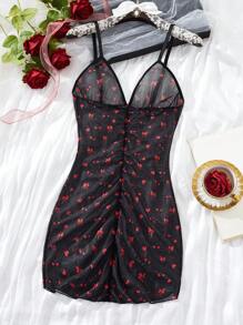 Women's V-Neck Bowknot Cherry Love Digital Printing,Tight Fitting Camisole Skirt,Spaghetti Strap,Sheer And Backless,Summer,Babydolls,Nightgown,Mesh Cami Mini Dress,Sexy Lingerie,Sexy Lingerie Dress