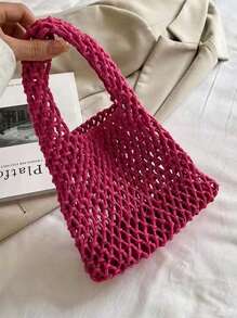 1pc Bohemian Style Woven Tote Bag, Striped Woven Handbag, Beach Bag, Casual Versatile Hollow Woven Handbag, Beach Bag