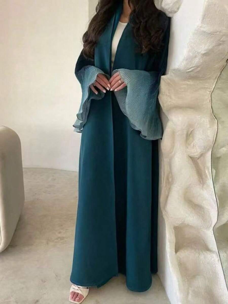 Hafizah 女士蓝色开襟睡袍 - 褶裥袖口设计，尽显优雅时尚风范 - 藍色 - 查看 1