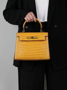 Bolso de moda para mujer de alta gama 2025, bolso de hombro/cruzado de lujo minimalista cuadrado, versátil para la oficina, de patrón de piel de cocodrilo amarillo retro y platino