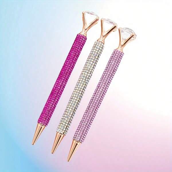 Luxe balpen met strass-steentjes (1/3 stuks), metalen behuizing met schroefdop, ronde vorm, medium punt, elegante roze cadeaupen voor scholieren die weer naar school gaan