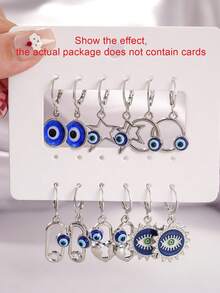 6 对时尚几何圆形、心形、太阳形、星形、魔鬼眼形耳环，适合女性休闲日常装扮（包装不含卡片） - 銀色 - 查看 1