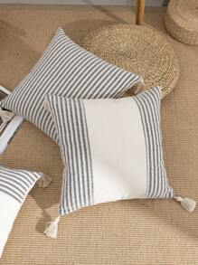 1 pieza/2 piezas Fundas de cojín con estampado de rayas grises y blancas, de tela de lona de algodón, con diseño de flecos en las cuatro esquinas, efecto bicolor, estilo nórdico para sala de estar, sofá, dormitorio, 30*50cm, 45*45cm