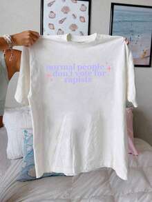 Liberal Activist Graphic Print T-Shirt, Short Sleeve Crew Neck Casual Top, Summer And Spring, Women's T-Shirt - trắng - Xem 2