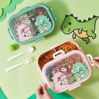 恐龙保温午餐盒，学生便当盒，便携式密封隔间午餐盒，适用于微波炉和洗碗机，非常适合携带食物去学校、工作、野餐，矩形设计，勺子和叉子配送，学校用品