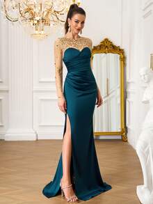 Luxury Rhinestone Embellished Maxi Satin Dress, Elegant New Design - Blue - View 6