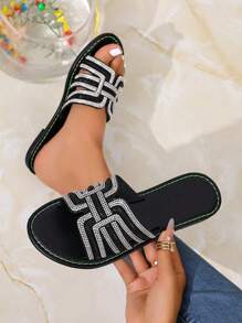 Korean Casual Flat Slip-On Sandals, Women's Summer Open Toe Slippers, Woven Roman Style, Fashionable For Beach, Apartment, Dress Outfit, Brown Color