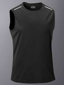 Men's Sports Tank Top, Summer Quick-Dry Elastic T-Shirt, Sleeveless Pullover Round Neck Reflective Print, Fitness Casual Workout Top Black - Black - View 2