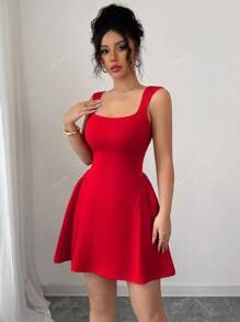 abyoxi Abito elegante e sexy rosso con scollo quadrato, senza maniche, a-line, per laurea, con dettaglio arricciato in vita, adatto per appuntamenti, shopping, laurea, feste, balli, primavera estate, nuovo abbigliamento da donna