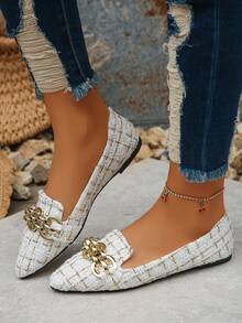 Women's Metal Chain Decor Square Toe Flat Ballet Flats, Slip-On Comfortable Soft Bottom Spring/Summer Office Commute Elegant Casual Shoes, Random Patterned - 米金格 - 查看 3