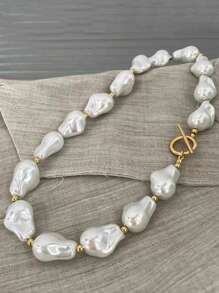 1pc Vintage Classic Asymmetrical Baroque Pearl OT Clasp Necklace