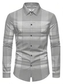 男士经典时尚优雅格子长袖衬衫，展现英伦风情，商务精英格纹系列，长袖单排扣翻领衬衫，适合所有季节，舒适百搭，适合秋季 - 灰色 - 查看 4