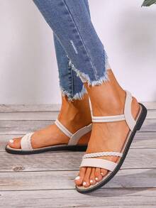 女士平底凉鞋，夏季新款系带松紧带沙滩凉鞋，女士平底罗马凉鞋，加大码