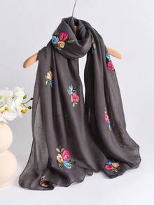 1pc Women's Elegant Floral Embroidery Linen Long Scarf, Versatile Solid Color Embroidered Shawl, Windproof And Sunshade Decorative Wrap - Multicolor - View 17