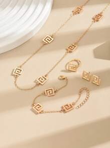 Conjunto de Joias Retrô Minimalista Banhado a Ouro 18K - 4 Peças Conjunto de Colar, Brincos, Pulseira e Anel em Padrão Geométrico de Liga de Zinco, Adequado para Uso Diário e Férias