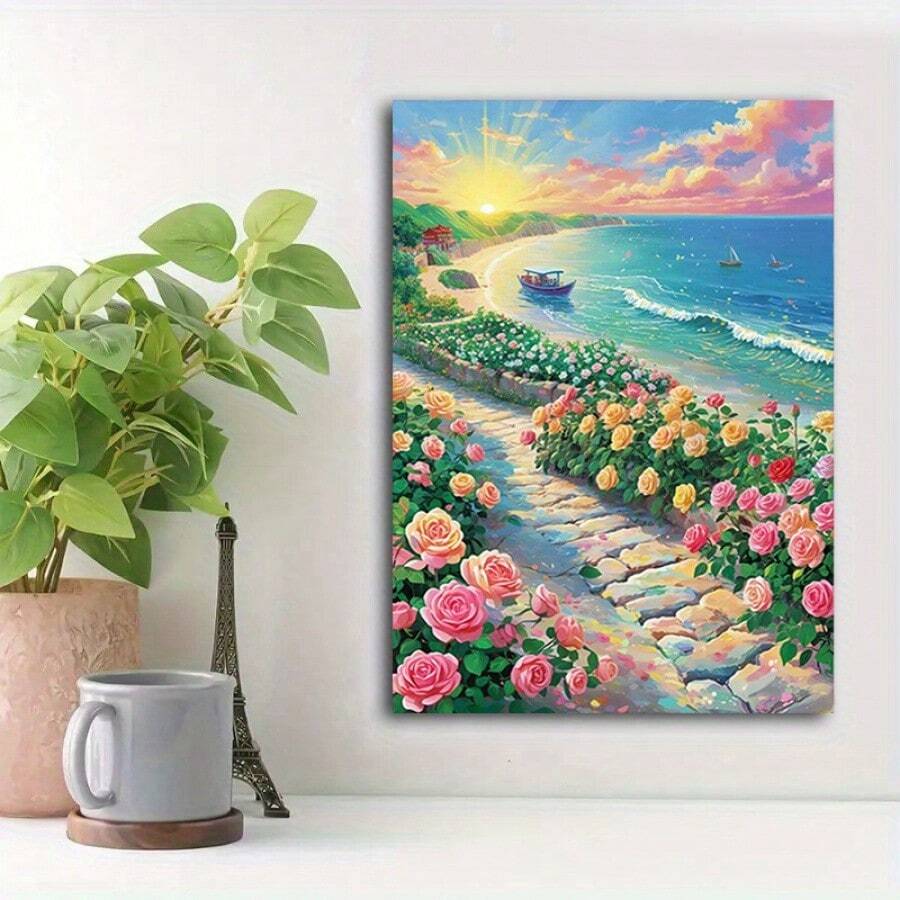 1 Pc Canvas Painting,  Stunning Seaside With Flowers    , Wooden Framed Art,High Quality ,Thickness 2.25cm/1inch  Wall Art Prints Poster Direct Hanging Decor For Home Gifts,Living Room, Bathroom, Bedroom, Kitchen,Bar,Office - Multicolor - View 1