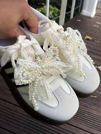 2pcs Elegant Lace & Faux Pearl Bow Shoe Charms - Durable Plastic, Hollow Design - Ideal Gift For Women, Perfect For High Heels, Sneakers, And Casual Shoes, Casual Shoe Accessories | Elegant Bow Design | Durable Plastic Charms, Shoe Accessories