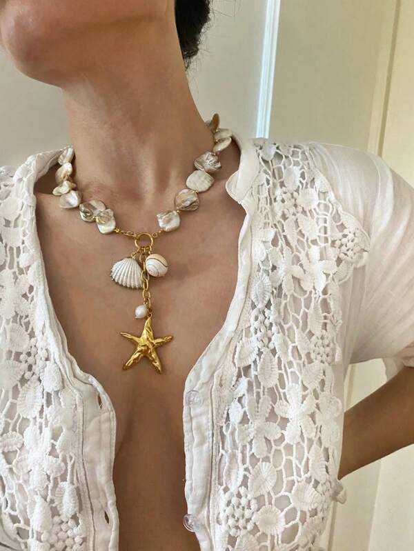 Cuier 1 Peça Pingente de Estrela do Mar Dourada, Encantos de Concha, Colar e Pulseira Boho Natural Emparelhados para Acessórios de Moda Feminina, Joias Declarativas, Presente de Colar