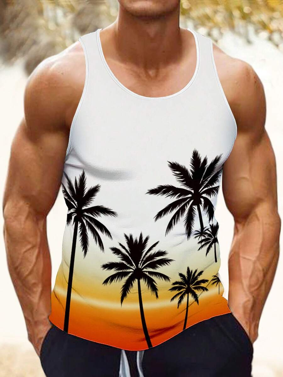 New Palm Tree & Green Plant Print Casual T-Shirt For Men, Summer - White - View 1