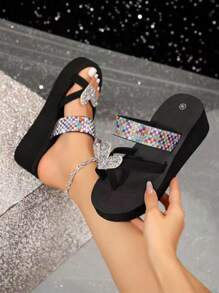 1 Pair Bohemian Style Crystal Embellished Beach Slippers, Spring/Summer Outdoor