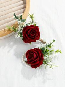 2 pièces Élégant Corsage de poignet et broche en tissu rose de princesse, convient pour le mariage, les fiançailles - Ornements de rose artificielle, pour la mariée, le marié, le cortège de mariage, le bal de promo - Décoration suspendue thématique, parfait pour Thanksgiving, la Saint-Valentin, la Fête des Mères, la Fête des Pères, la Remise des diplômes
