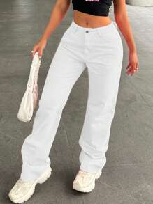 Women Casual Plain Color Water-Washed Wide Leg Denim Jeans For Daily Wear