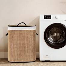 سلة غسيل كبيرة السعة قابلة للطي من البامبو مع غطاء ومقبض، تخزين موفر للمساحة للحمام وغرفة الغسيل والنوم - بني - مشاهدة 6