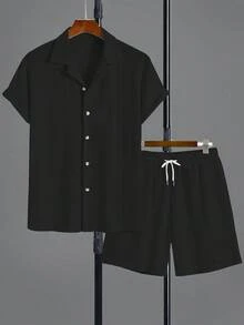 GOLDREDY Men's Fashion Classic Solid Color Textured Knit Cardigan, Suitable For Casual, Commuting, Street Style, Summer New Short Sleeve Two Pieces Set - Black - View 1