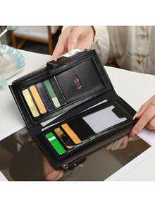 双拉链长款钱包，可折叠 PU 皮革零钱包，多卡位手拿包，双折拉链扁平钱包，带印花（所有印花和字母随机）女士钱包，钱包，迷你钱包 - 黑色 - 查看 2