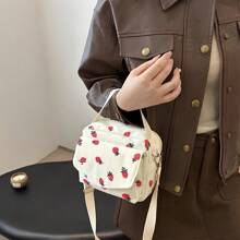 Corduroy Cute Strawberry Printed Fashion Handbag, Versatile Small Square Bag, Portable Clutch Shoulder Crossbody Bag