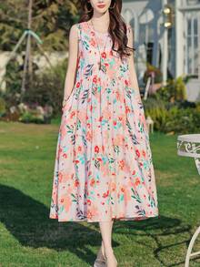 1 件女士休闲印花时尚优雅中长连衣裙，夏季 - 粉色 - 查看 4